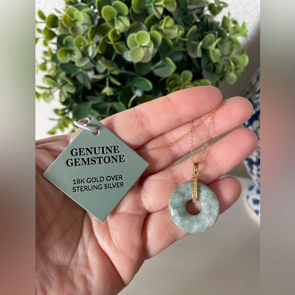 New Green Jade &White Topaz Donut Pendant Necklace 18k Gold Over Sterling Silver